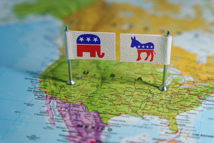 Flags representing the Republican and Democratic parties on a map of the USA