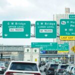 Traffic signs directing vehicles towards G W Bridge and Hudson Parkway