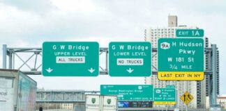 Traffic signs directing vehicles towards G W Bridge and Hudson Parkway