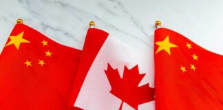 Flags of China and Canada displayed together