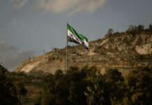 Syrian flag waving in front of a mountainous landscape