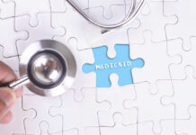 A stethoscope next to a puzzle piece labeled 'Medicaid'