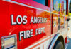 Close-up of a Los Angeles Fire Department truck with bold lettering