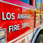 Close-up of a Los Angeles Fire Department truck with bold lettering