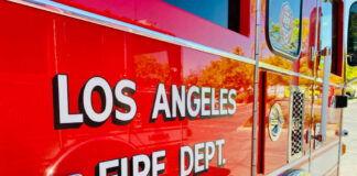 Close-up of a Los Angeles Fire Department truck with bold lettering