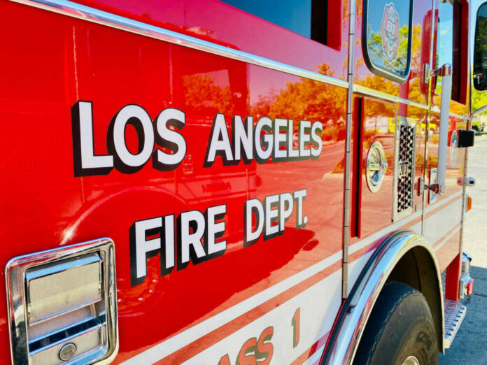 Close-up of a Los Angeles Fire Department truck with bold lettering