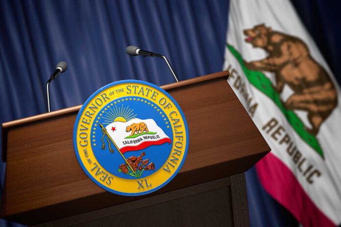 Press,Conference,Of,Governor,Of,The,State,Of,California,Concept. Podium with the seal of the Governor of California and state flag in the background