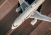 Overhead view of an American Airlines airplane on a runway