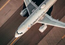 Overhead view of an American Airlines airplane on a runway