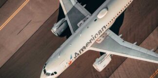 Overhead view of an American Airlines airplane on a runway
