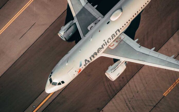 Overhead view of an American Airlines airplane on a runway