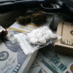 Pills in a plastic bag on stacks of U.S. dollars with a handgun nearby