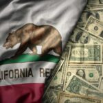 California state flag featuring a bear overlaid on a background of U.S. dollar bills