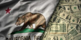 California state flag featuring a bear overlaid on a background of U.S. dollar bills