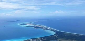 Aerial view of a tropical island surrounded by blue ocean waters