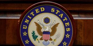 United States Senate seal on a wooden wall