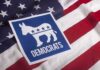 Democratic Party donkey symbol on American flag