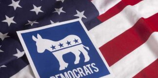 Democratic Party donkey symbol on American flag