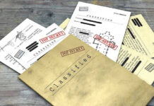 Shocking Memo Targets Sitting President Classified documents with Top Secret stamps on wooden surface.