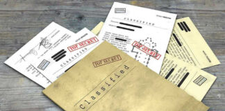 Classified documents with Top Secret stamps on wooden surface.