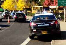 Police cars with lights on near school buses on a city street