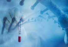 Fauci Texts Put Vaccine Messaging Under Scrutiny Gloved hand holding a COVID-19 test tube beside a stylized DNA helix