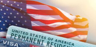 U.S. flag with visa and permanent resident cards