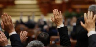 Raised hands in a formal meeting or vote
