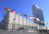 United Nations headquarters with member state flags