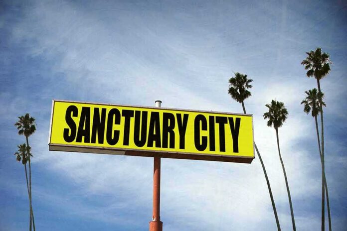 Yellow roadside sign reading Sanctuary City with palm trees