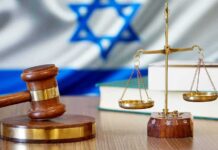 Court Draws Hard Line on Violent Rhetoric Gavel and scales of justice with Israeli flag in background