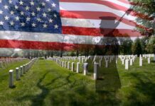 Army Doctor Digs Into 2,544 Deaths A military cemetery with white gravestones and an American flag overlay, featuring a soldier silhouette