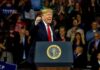 Trump Teases Instant Peace Post-Election Donald Trump speaking at a rally behind a presidential podium