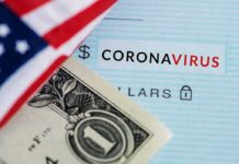 VP Slams Door On Suspected Scammers Dollar bill and US flag over coronavirus text