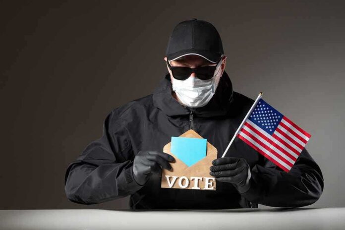 shutterstock_1811342404 Person in mask and gloves holding ballot envelope and U.S. flag