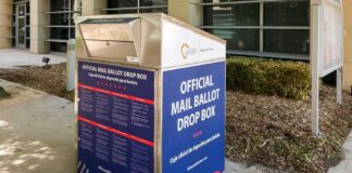Official mail ballot drop box outside a public building