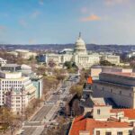 United States Capitol building with cityscape and broad avenue