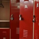 Red metal lockers with combination locks
