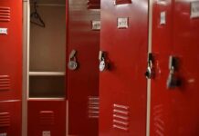 Locker Room Phone Set to RECORD! Coach Nabbed Red metal lockers with combination locks