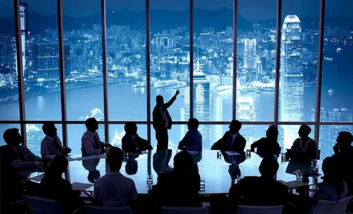 shutterstock_192419543 Business meeting with presenter pointing at city skyline through large windows