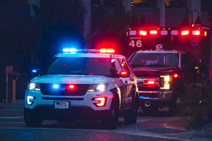 shutterstock_2002708079 Police SUV and ambulance with flashing lights at night