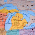 Canada Clash Triggers Wild Lake Move Close-up of a map highlighting Michigan and the Great Lakes