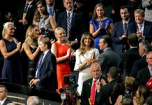 Biden-Era FBI Tracked Trump Family Travel Tiffany Trump, Melania Trump, and Donald Trump Jr. among a crowd applauding at an event