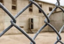 Chain-link fence with blurred concrete building behind