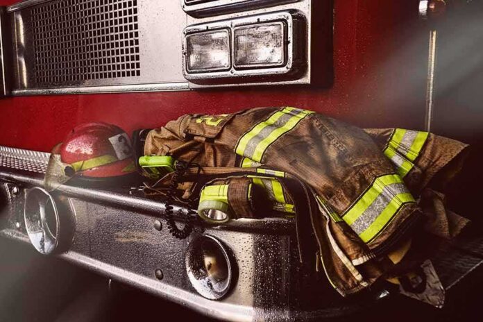 Firefighter gear on the front of a fire truck