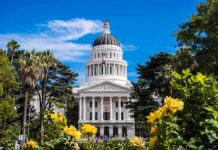 DOJ Slams Brakes On California Ballots Capitol building with white dome framed by trees and yellow flowers