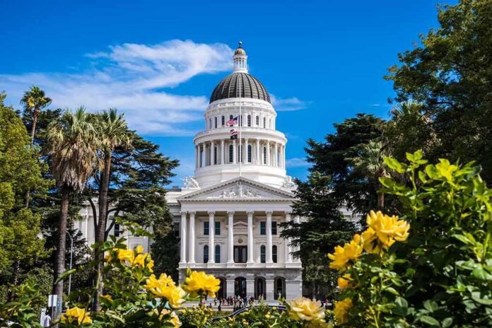 Capitol building with white dome framed by trees and yellow flowers