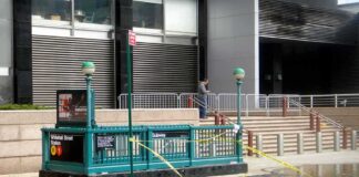 Subway entrance with flooding and caution tape