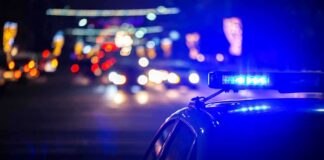Police car with flashing blue lights at night