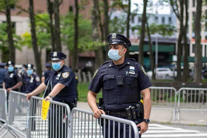 shutterstock_1749811934 Walter Jones, a police officer in a face mask standing by metal barricades